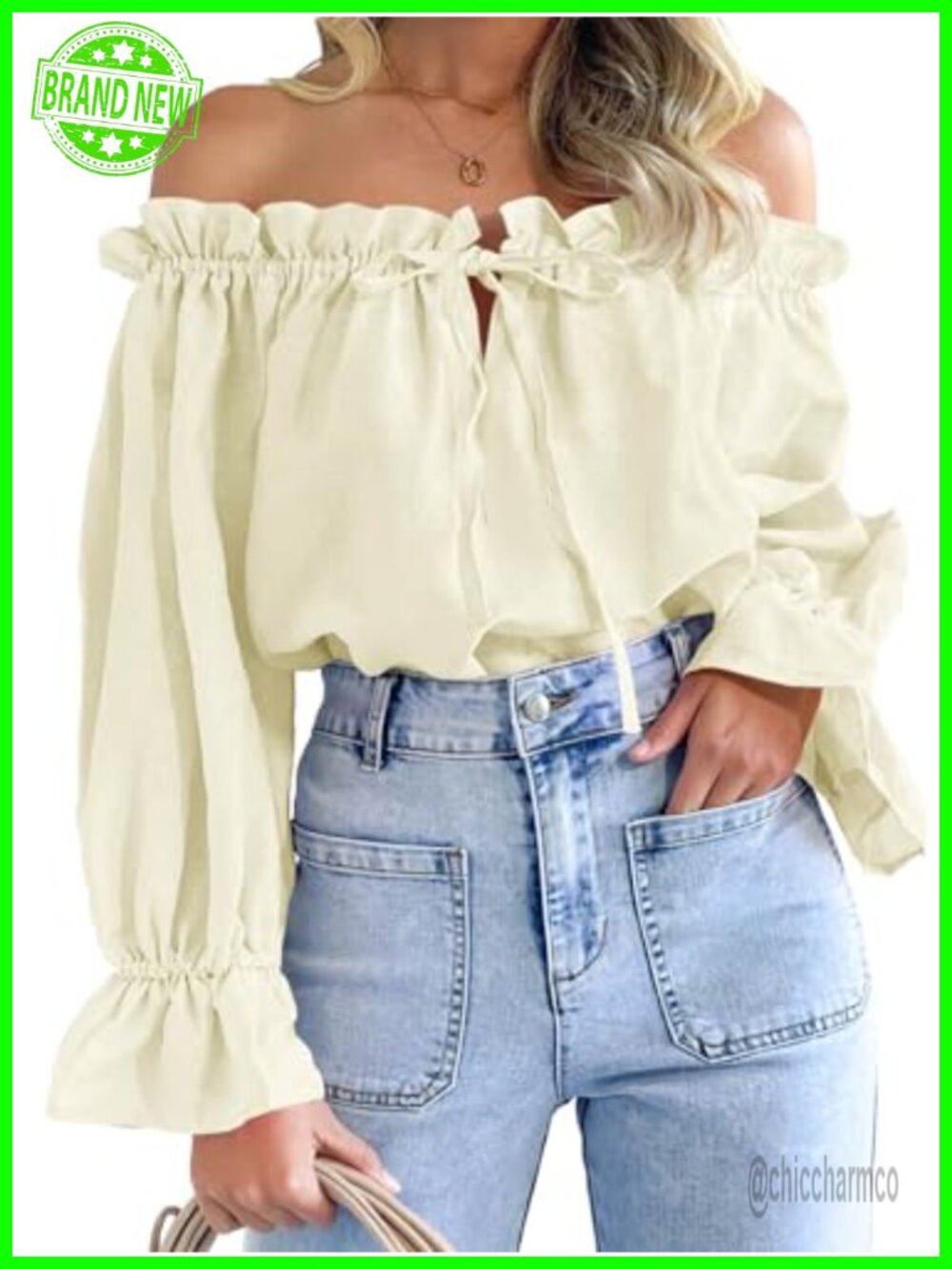 Womens Off the Shoulder Puff Long Sleeve Ruffle Blouse Tie Front Top